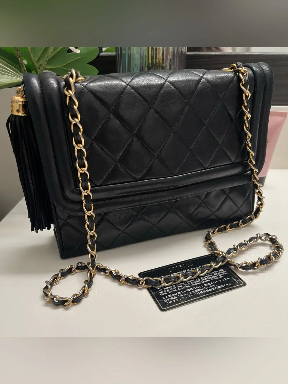 Vintage Chanel Black Lambskin Tassel Flap Bag 24k Gold HW - Black card/dust bag